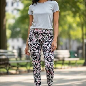 Elliott Lauren Black White Pink Floral Pull On Stretch Pants Size 6